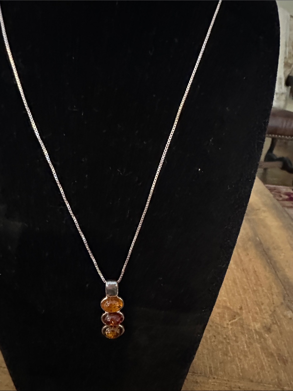 Sterling Silver Necklace with Triple Amber Pendants